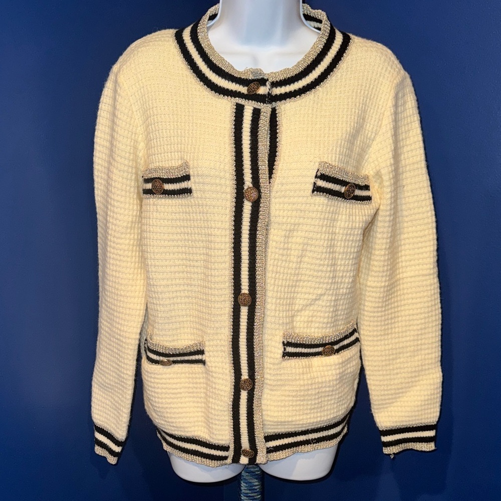 Cream & Black Waffle Knit Cardigan Sweater – Size Small - Picture 2 of 13